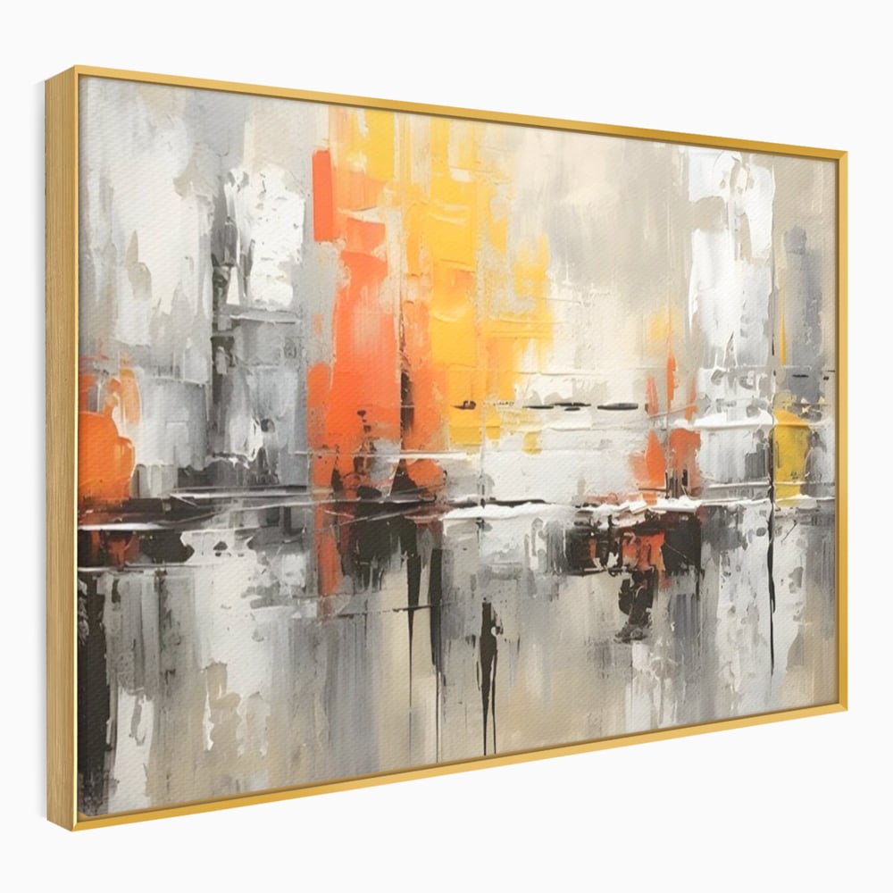 Tablou canvas cu pictura abstracta cu turnuri portocalii, in rama de aluminiu auriu